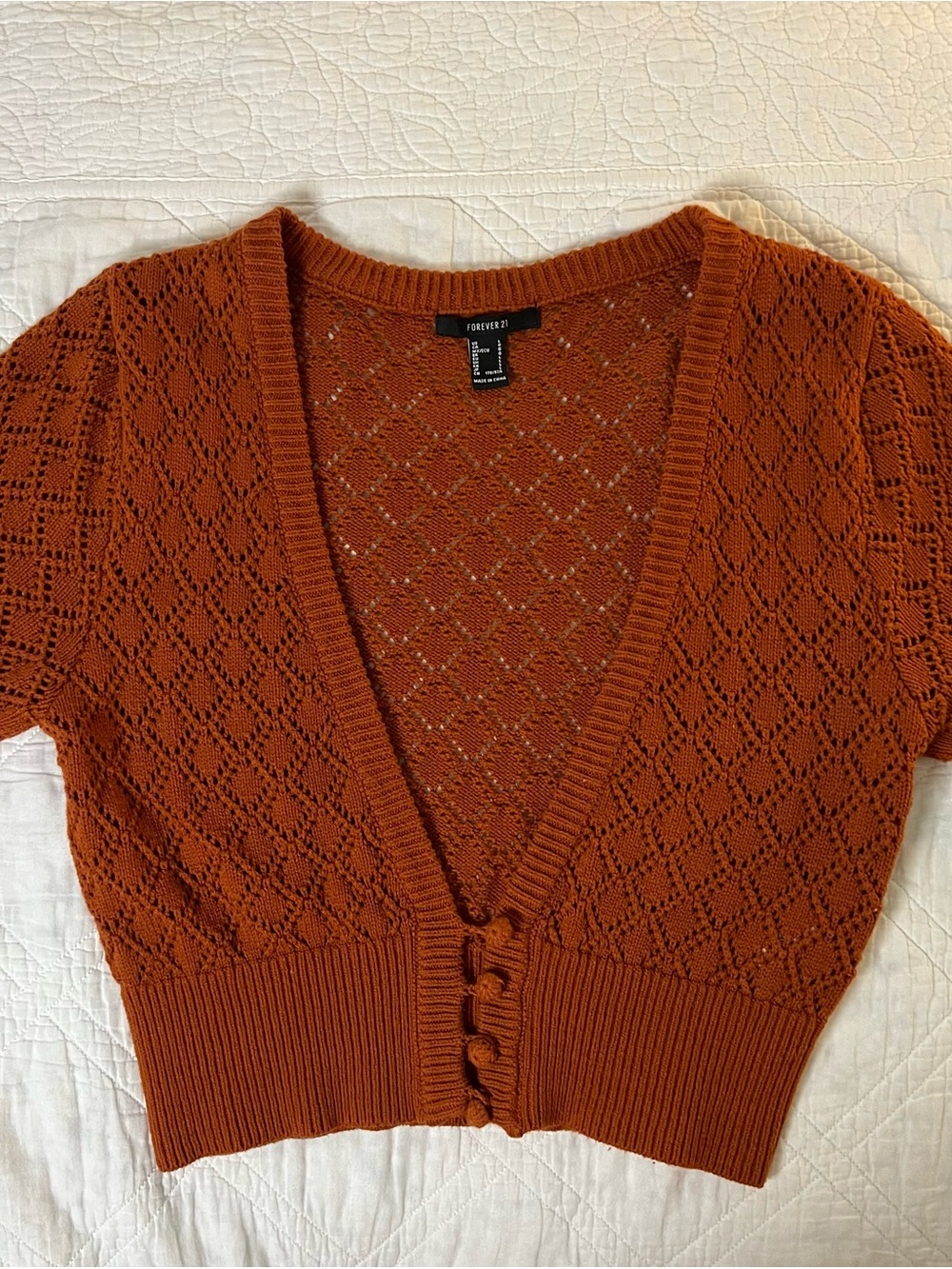 Forever 21 Burnt Orange V-Neck Short Sleeve Knit Cardigan